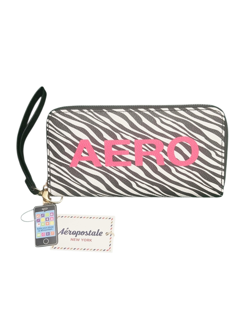 Aéropostale AERO Zebra Print Phone Wallet Wristlet – Pink & Black Zip-Around